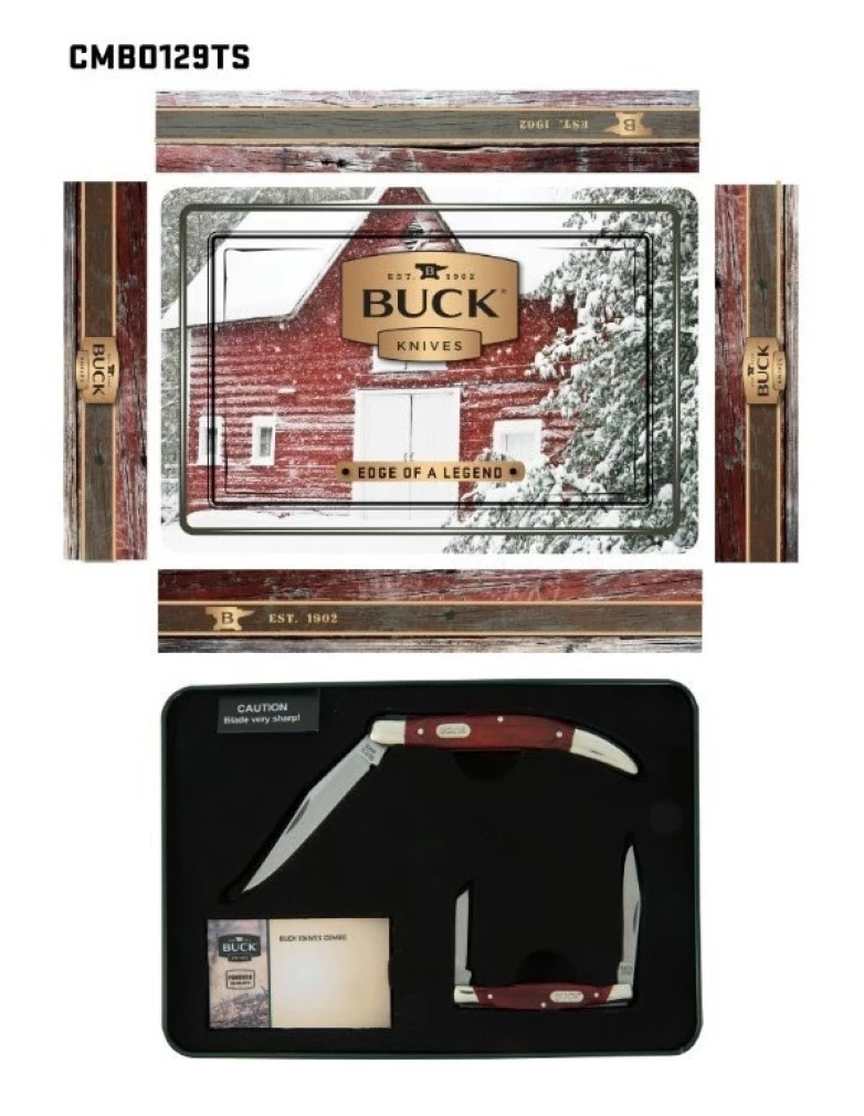 Buck Knives Pocket Knife Set-2 X Pocket Knives-Red Pakawood Handles In Gift Tin 3 Buck Knives Pocket Knife Set-2 X Pocket Knives-Red Pakawood Handles In Gift Tin
